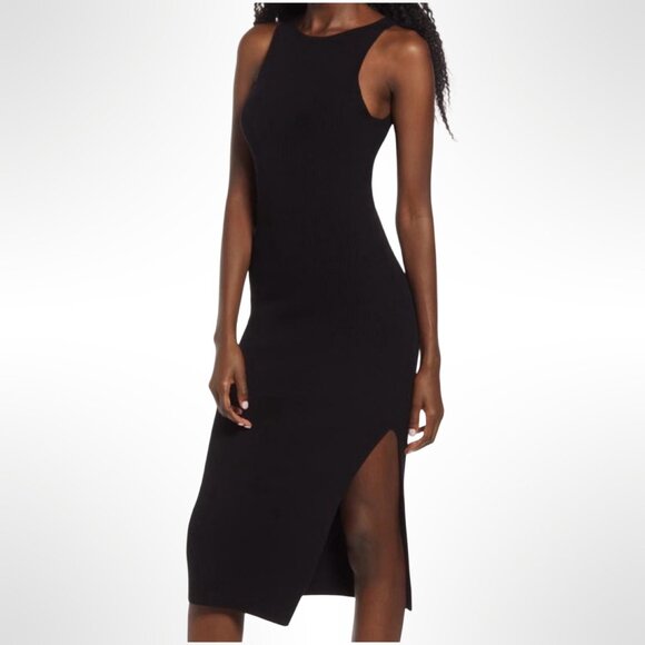 Leith Ribbed Knit Midi Dress with Slit in Black | XS - Picture 1 of 8